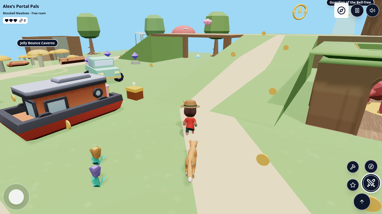 The fictional demo hero Alex and fox companion exploring the meadow paths